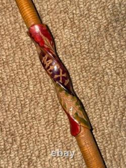 Antique Mexican Walking Stick Cane Hand Carved Pattern & Lizard Root Ball Top