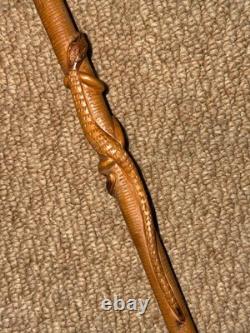 Antique Mexican Walking Stick Cane Hand Carved Pattern & Lizard Root Ball Top