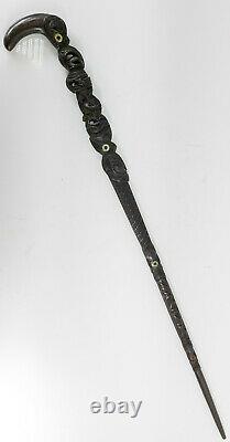 Antique New Zealand Maori Tribal Carved Cane Walking Stick Mother of Pearl