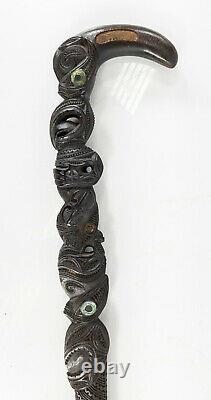 Antique New Zealand Maori Tribal Carved Cane Walking Stick Mother of Pearl