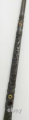 Antique New Zealand Maori Tribal Carved Cane Walking Stick Mother of Pearl