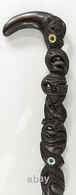 Antique New Zealand Maori Tribal Carved Cane Walking Stick Mother of Pearl