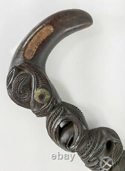 Antique New Zealand Maori Tribal Carved Cane Walking Stick Mother of Pearl