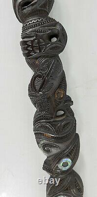 Antique New Zealand Maori Tribal Carved Cane Walking Stick Mother of Pearl