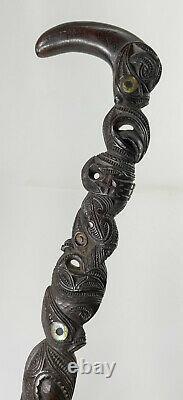 Antique New Zealand Maori Tribal Carved Cane Walking Stick Mother of Pearl