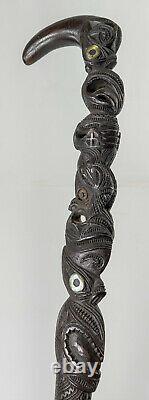 Antique New Zealand Maori Tribal Carved Cane Walking Stick Mother of Pearl