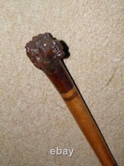 Antique Oak Sections Walking Stick/Cane With Hand-Carved Lions Head Top 96cm