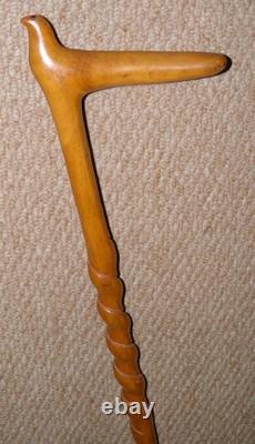 Antique Oak Walking Stick / Cane Hand-Carved Bird With Glass Eyes Twist Shaft