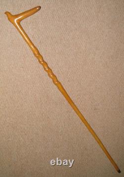 Antique Oak Walking Stick / Cane Hand-Carved Bird With Glass Eyes Twist Shaft
