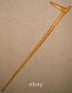 Antique Oak Walking Stick / Cane Hand-Carved Bird With Glass Eyes Twist Shaft