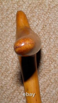Antique Oak Walking Stick / Cane Hand-Carved Bird With Glass Eyes Twist Shaft