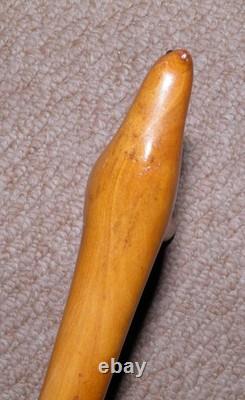 Antique Oak Walking Stick / Cane Hand-Carved Bird With Glass Eyes Twist Shaft