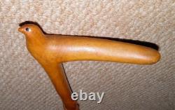Antique Oak Walking Stick / Cane Hand-Carved Bird With Glass Eyes Twist Shaft