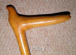 Antique Oak Walking Stick / Cane Hand-Carved Bird With Glass Eyes Twist Shaft
