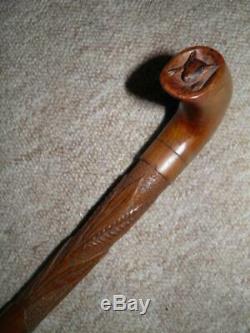 Antique Oak Walking Stick/Cane Hand-Carved Field Mouse Glass eyes Corn Maze