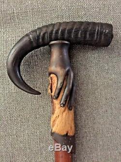 Antique Old Folk Art Carved Cane Walking Stick Deer Stag Horn Antler Hoof Wood