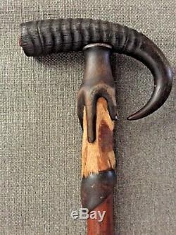 Antique Old Folk Art Carved Cane Walking Stick Deer Stag Horn Antler Hoof Wood