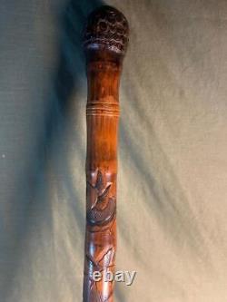 Antique Old Hand Carved Bamboo Wood Asian Chinese Japanese Cane Walking Stick