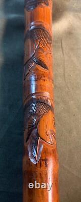 Antique Old Hand Carved Bamboo Wood Asian Chinese Japanese Cane Walking Stick