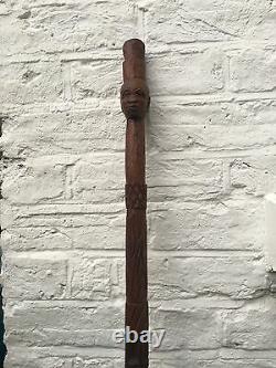 Antique Old Tribal Carved Head Wooden Walking Stick