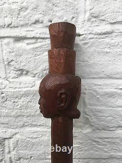 Antique Old Tribal Carved Head Wooden Walking Stick