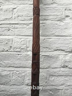 Antique Old Tribal Carved Head Wooden Walking Stick