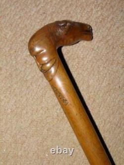 Antique Olive Wood Greek Kepkypa (Corfu) Stick With Hand-Carved Man & Horse Top
