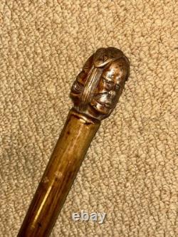 Antique Olive Wood Greek Kepkypa Corfu Walking Stick Hand-Carved 3 Faced Man