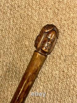 Antique Olive Wood Greek Kepkypa Corfu Walking Stick Hand-Carved 3 Faced Man
