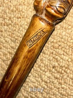 Antique Olive Wood Greek Kepkypa Corfu Walking Stick Hand-Carved 3 Faced Man