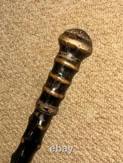 Antique Olive Wood Greek Kepkypa Corfu Walking Stick Hand-Carved Flower Top