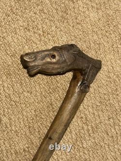 Antique Olive Wood Greek Kepkypa Corfu Walking Stick Hand-Carved Horse Handle