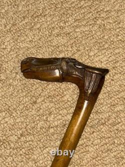 Antique Olive Wood Greek Kepkypa Corfu Walking Stick Hand-Carved Horse Handle