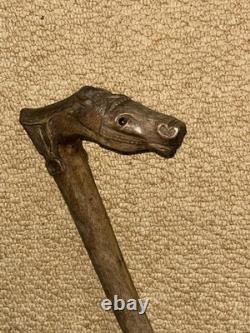 Antique Olive Wood Greek Kepkypa Corfu Walking Stick Hand-Carved Horse Handle