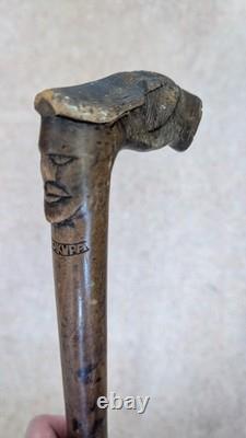 Antique Olive Wood Greek Kepkypa Corfu Walking Stick Hand-Carved Horse Handle