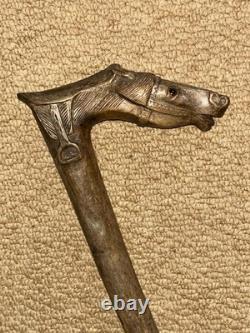 Antique Olive Wood Greek Kepkypa Corfu Walking Stick Hand-Carved Horse Handle