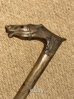 Antique Olive Wood Greek Kepkypa Corfu Walking Stick Hand-Carved Horse Handle