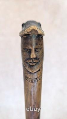 Antique Olive Wood Greek Kepkypa Corfu Walking Stick Hand-Carved Horse Handle