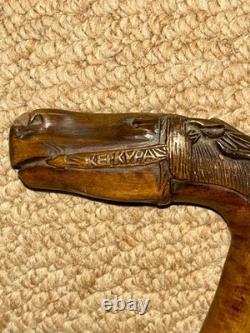 Antique Olive Wood Greek Kepkypa Corfu Walking Stick Hand-Carved Horse Handle