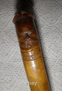 Antique Olive Wood Greek Kepkypa Corfu Walking Stick Hand-Carved Man / Horse