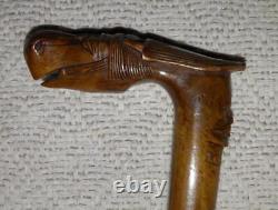 Antique Olive Wood Greek Kepkypa Corfu Walking Stick Hand-Carved Man / Horse