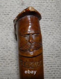 Antique Olive Wood Greek Kepkypa Corfu Walking Stick Hand-Carved Man / Horse