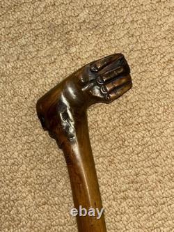 Antique Olive Wood Greek Kepkypa Walking Stick Cane Hand-Carved Fist & Man