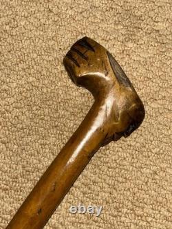 Antique Olive Wood Greek Kepkypa Walking Stick Cane Hand-Carved Fist & Man