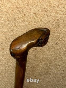 Antique Olive Wood Greek Kepkypa Walking Stick Cane Hand-Carved Fist & Man
