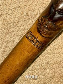 Antique Olive Wood Greek Kepkypa Walking Stick Cane Hand-Carved Fist & Man