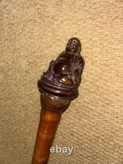 Antique Oriental Chinese Bamboo Walking Stick Laughing Buddha Top & Carved Shaft