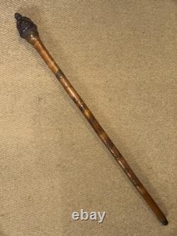 Antique Oriental Chinese Bamboo Walking Stick Laughing Buddha Top & Carved Shaft