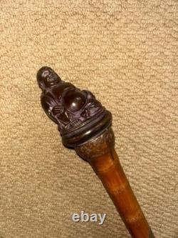 Antique Oriental Chinese Bamboo Walking Stick Laughing Buddha Top & Carved Shaft