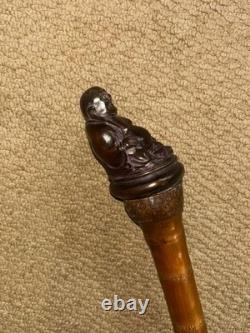 Antique Oriental Chinese Bamboo Walking Stick Laughing Buddha Top & Carved Shaft